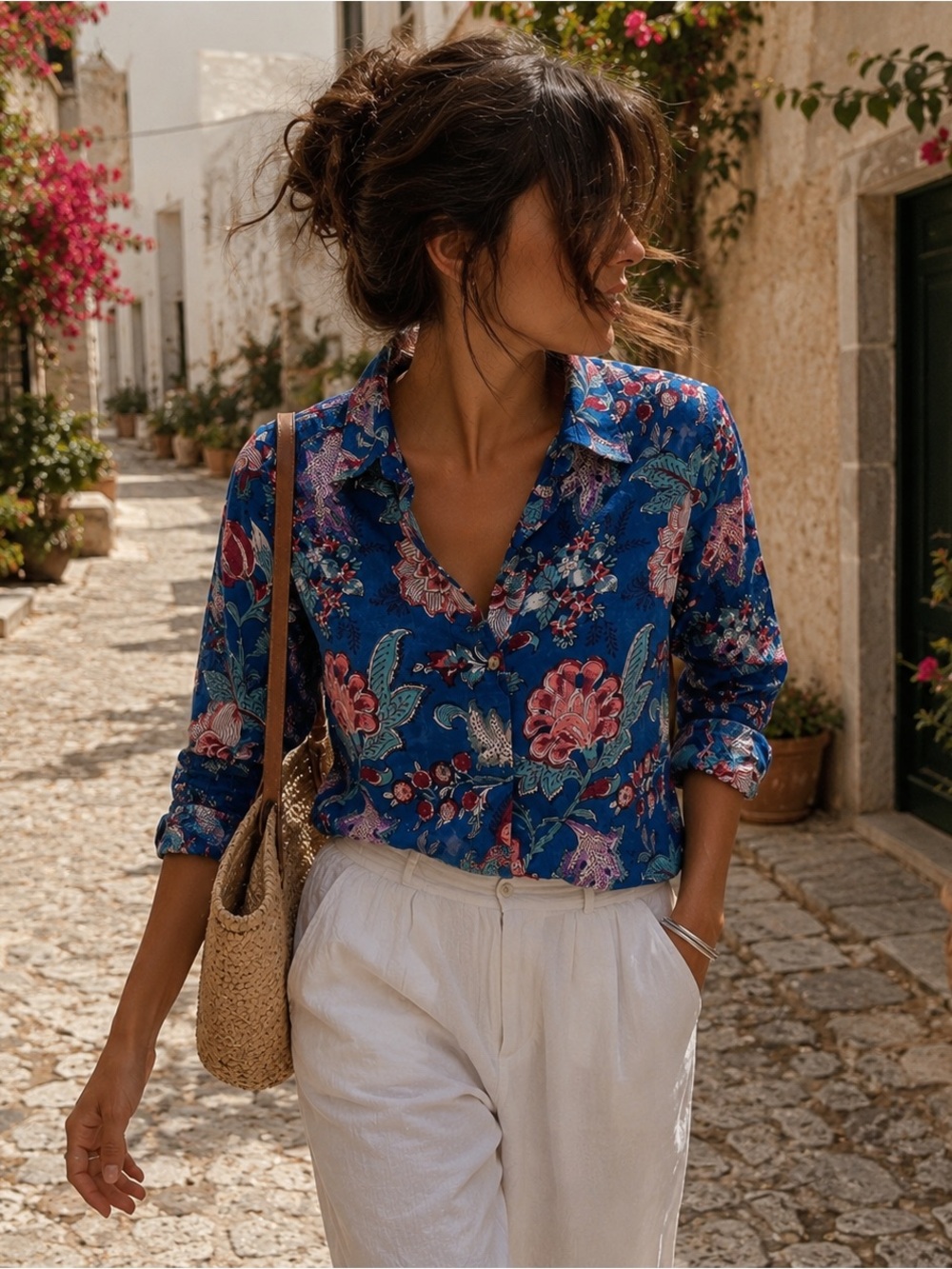 Anokhi Blue Floral Cotton Button Front Boho Shirt Small